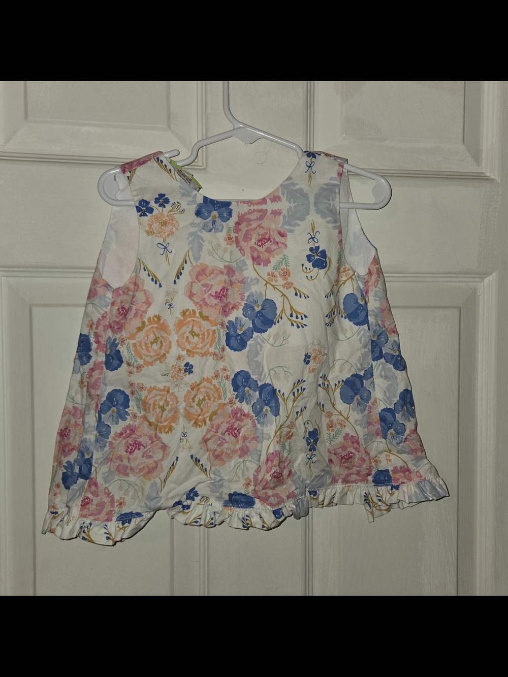Le Za Me Girls Floral Ruffle Hem Tank - White with Pink & Blue Flowers Sz 24M